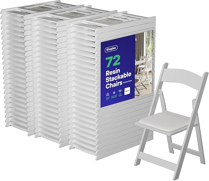 Simplex Furniture Modern White Resin Foldable Chair - Set of 72 Pack, Stackable, Indoor/Outdoor, Lightweight, Rental Grade, Foldable Chairs with Padded Seats Simplex