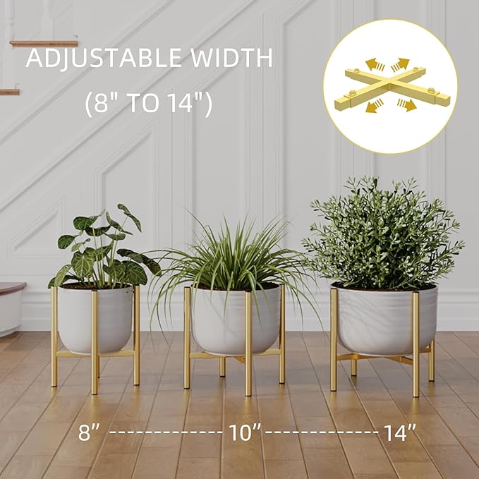 Adjustable Metal Plant Stand Indoor, Mid Century Modern Outdoor Planter Holder for 8 to 14 Inch Pots, Heavy Duty 160 LB Load, Corner Floor Stand for Home Garden Decor Golden HomecourtyardsInterio