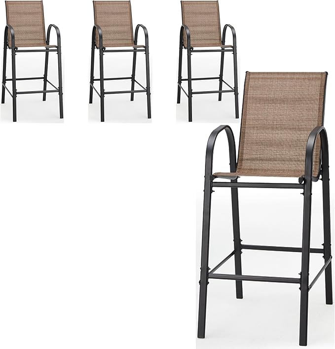 HOMREST Outdoor Bar Height Stools Set of 4,High Back Patio Chairs with Armrests,Textilene Chairs with Breathable Fabric & Metal Frame for All Weather,Brown HOMREST