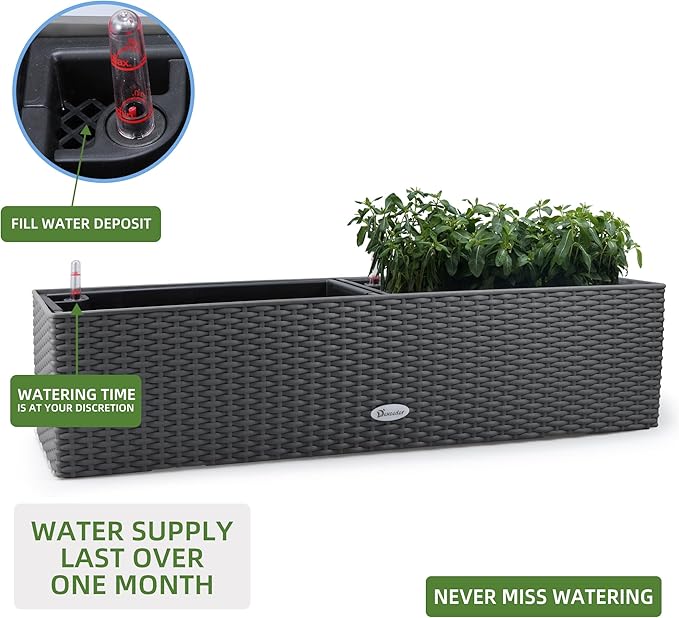 Dexceder 31.5 Inch Rattan Self Watering Planter Indoor Outdoor, Thickened Large Rail Flower Plant Pot Window Box with Water Level Indicators & Bracket (Deep Gray) Dexceder