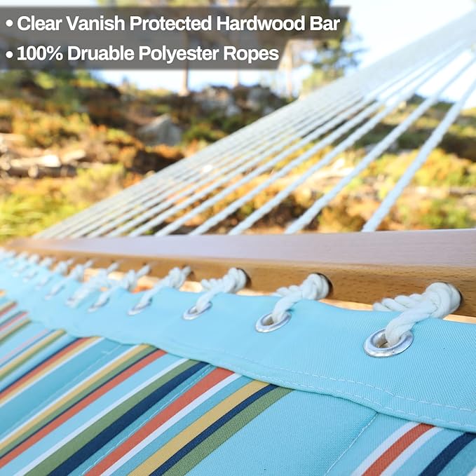 12 FT Double Quilted Fabric Hammock with Spreader Bars and Pillow 450 LBS Weight Capacity 2 Person Hammock for Outdoor Patio Backyard Poolside Blue Stripes CHULIM