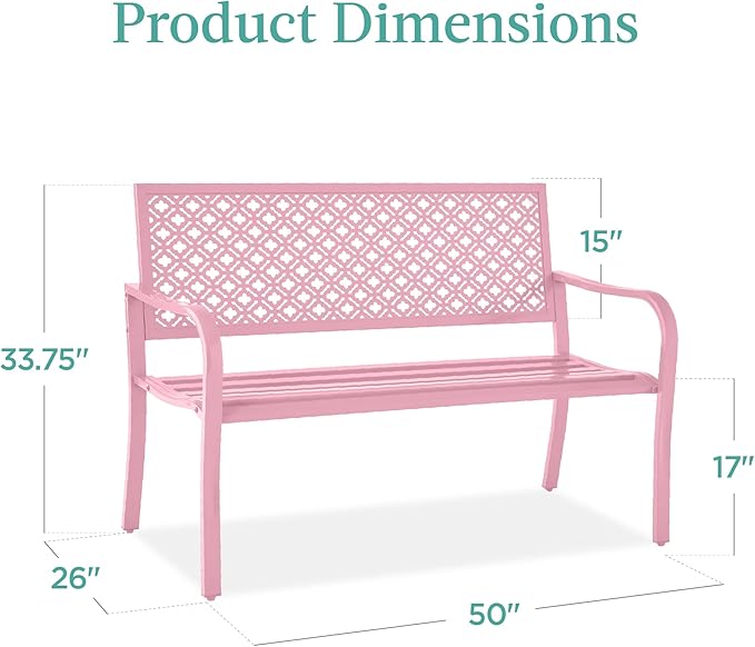 Best Choice Products Outdoor Bench 2-Person Metal Steel Benches Furniture for Garden, Patio, Porch, Entryway w/Geometric Backrest, 790lb Capacity - Pink BestChoiceProducts
