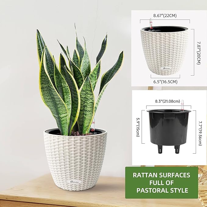 Dexceder 9x8 Inches Rattan Self Watering Planter Indoor Outdoor, Inner Pot Design, Thickened Table Flower Plant Pot with Water Level Indicator (Ivory White) Dexceder