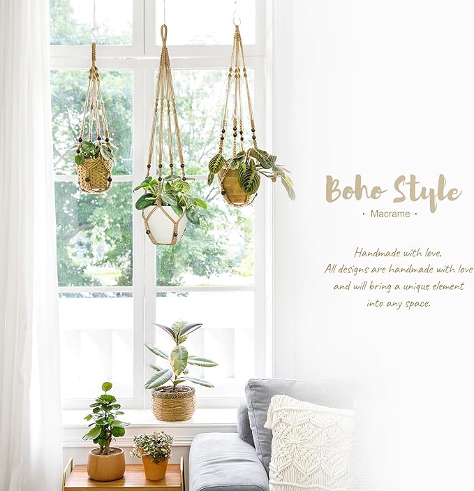 Mkono 3 Pack Macrame Plant Hangers Indoor Different Size Hanging Planter Basket Flower Pot Holder with Beads No Tasselss 43"/35"/29", Large, Brown Mkono