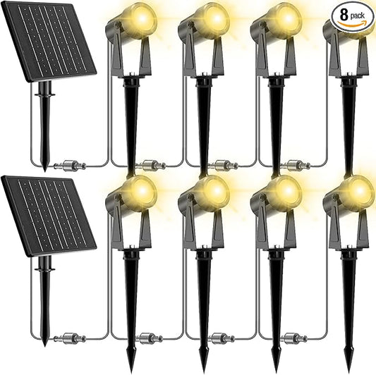 ZYAN Solar Landscape Spotlights, Separate Monocrystalline Panels & USB-C Powered 10800mAh Auto On Off Dusk to Dawn, Outdoor IP65 Waterproof, Warm White for Yard Path Patio (100 Lumens × 8 Pack) ZYAN