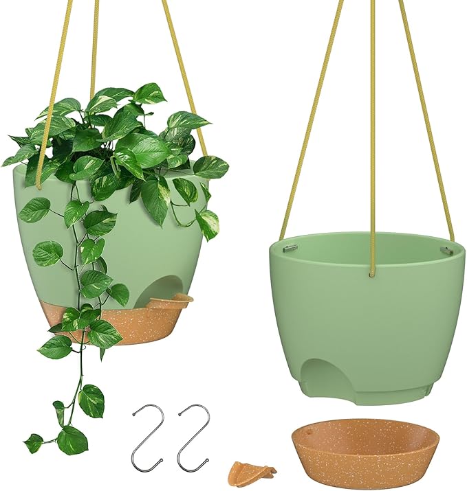 ZMTECH 10 Inch Hanging Planters for Indoor Outdoor Plants, 2 Pack Self Watering Hanging Plant Pots with Drainage Holes and Removable Saucer, Plastic Flower Hanging Pots with Watering Lip (Green) HighQualityGardeningTools