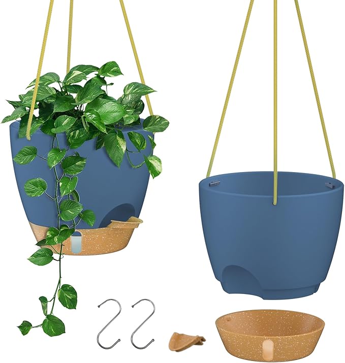 ZMTECH 10 Inch Hanging Planters for Indoor Plants & Outdoor - 2 Pack Self-Watering Hanging Pots with Drainage Holes, Visual Reservoir, Plastic Hanging Baskets Flower Pots with Removable Saucer, Blue HighQualityGardeningTools