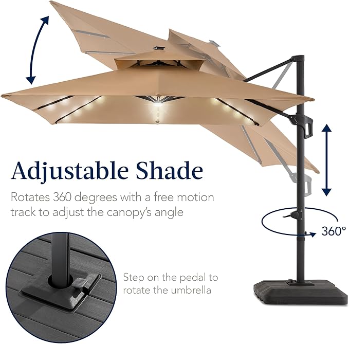 Best Choice Products 12x12ft LED Cantilever Patio Umbrella w/Base Included & 360° Rotation, Large Solar Offset Hanging Outdoor Sun Shade for Deck, Backyard Table w/Stand & Lights – Tan BestChoiceProducts