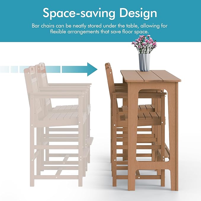 Ciokea 3 Pcs Outdoor Bar Height Table Set, 60" Extra Long Rectangle High Top Table and 2 Oversized Adirondack Chairs Set, Heavy-Duty All-Weather HDPE Patio Bar Set for Backyard Balcony Deck, Teak CIOKEA