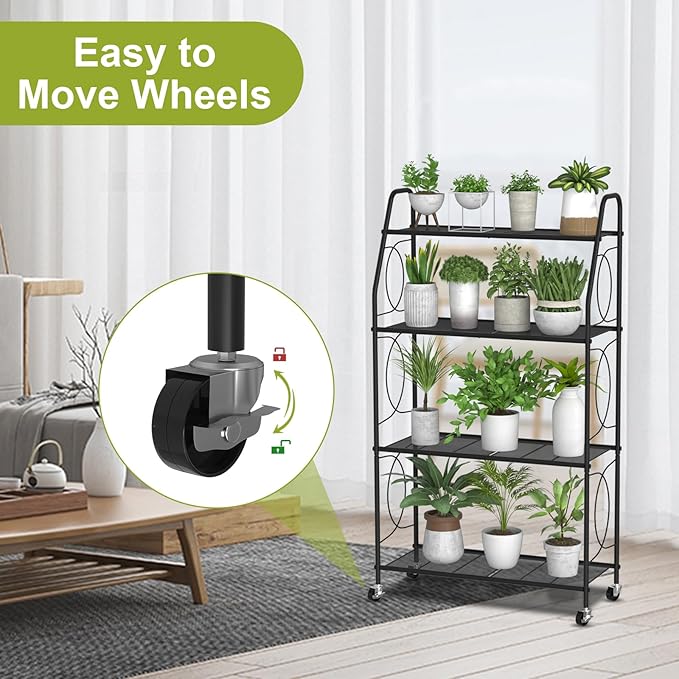 4 Tier Plant Stand with Wheels, Plant Shelf for Indoor Outdoor, Heavy Duty Metal Tall Plant Stands Holder Rack for Living Room Balcony and Garden, Black VyGrow