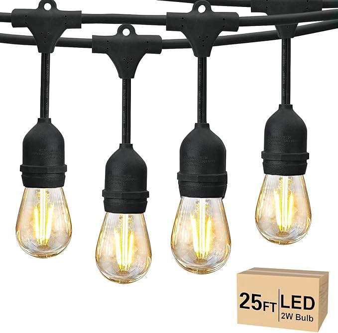 Svater 25 FT Outdoor String Lights 2W, Patio Light for Outside with 9 Antique S14 Plastic LED Bulbs, IP65 Waterproof Hanging Cafe Market Lighting, ETL-Listed Dimmable Warm White 2700K Svater