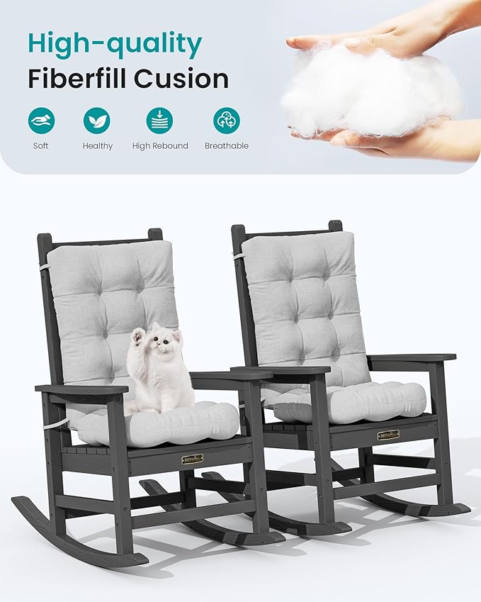 SERWALL HDPE Outdoor Rocking Chair Cushion Set of 2, Memory Foam Cushion Gray SERWALL