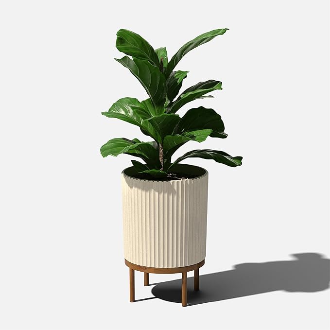 Veradek Demi Series Round Planter w/ Stand for Porch/Patio | Durable Plastic-Concrete & Wooden Stand | Modern Décor for Tall Plants, Flowers VeradekOutdoor