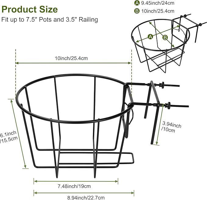 TQVAI 10 Inch Railing Planter - Fit for 1.5 to 3.5 Inches Railing - Adjustable Hanging Planters Outdoor Balcony Deck Flower Pot Holder Metal Baskets for Garden Orchid, Patio Ledge, 3 Pack, Black TQVAI
