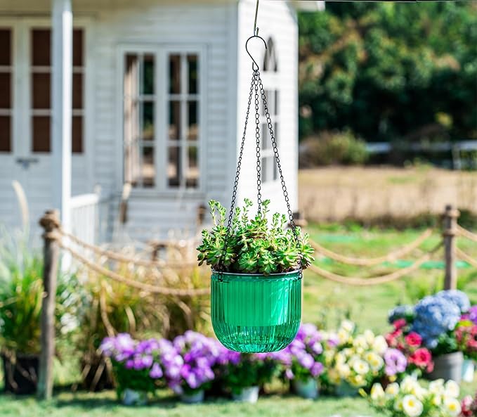 Melphoe 2 Pack Self Watering Hanging Planters Indoor Flower Pots, 6.5 Inch Outdoor Hanging Plant Pot Basket, Plant Hanger with 3Hooks Drainage Holes for Garden Home Melphoe