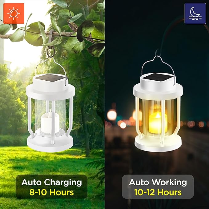 Solar Lantern Outdoor & Indoor Use – Hanging Solar Lights with Realistic Flickering Flameless Candle, Weatherproof for Gardens, Patios, Trees, and Lawns (White, 4 Pack) Rootora