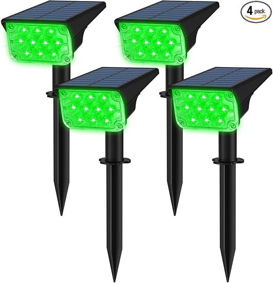 T-SUNUS Green Solar Spot Lights Outdoor 4 Pack, IP65 Waterproof Landscape Spotlights 2 Modes Dusk to Dawn for St Patricks Day Halloween Christmas Tree Pond Patio Garage Statue Graveyard Garden Flag T-SUNUSLighting