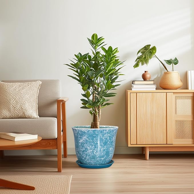 12 Inch Pots for Plants - Ceramic Planter with Drainage Hole and Saucer, Round Large Plant Pot for Indoor Outdoor, Modern Decorative Planters, Home Apartment Decor, House Warming Gift, Blue SUNPOTFOR