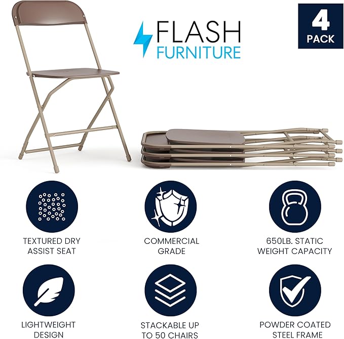 Flash Furniture Hercules Series Plastic Folding Chair - Brown - 4 Pack 650LB Weight Capacity Comfortable Event Chair-Lightweight Folding Chair FlashFurniture