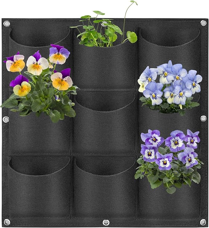 9 Pockets Hanging Planter Bags, Hanging Vertical Wall Mounted Plant Planting Grow Bags, Herb Garden Planter Outdoor Indoor Growing Bag, Gardening Vertical Greening Flower Container(0.5m×0.5m, Black) Pehciroe