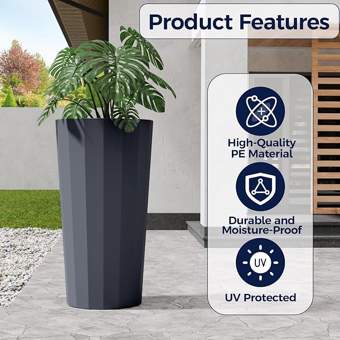23.6" Tall Outdoor Planters Set of 2, Large Planters for Outdoor Plants for Porch Decor with Drainage Hole, Wide Stripe Design Porch Flower Pots for Indoor Pot Patio/Garden, Gray Blue Outdoorchairs