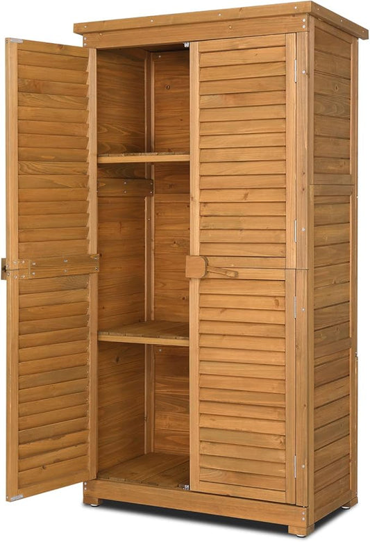 Outvita Outdoor Storage Cabinet, 63in Wooden Garden Tools Shed with 2 Lockable Doors, 3 Adjustable Shelves, Waterproof Roof for Yard Garge Patio Deck Porch, Natural Outvita