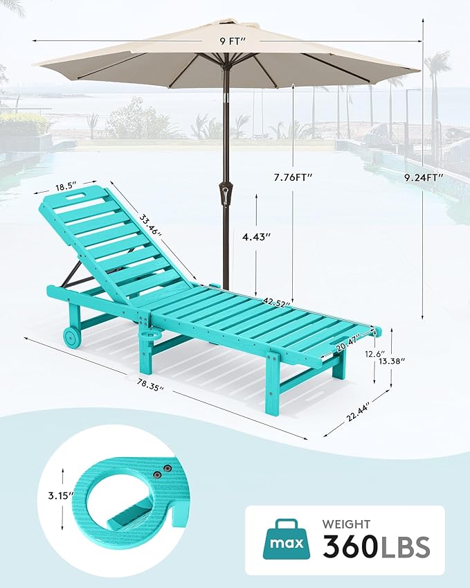 SERWALL Outdoor Chaise Lounge Set of 2 with 9FT Umbrella, HDPE Pool Lounge Chair with 5-Position Adjustable Backrest, Patio Lounger with Rolling Wheels & Cup Holder for Pool, Aruba SERWALL