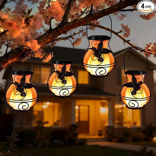 Solar Lanterns Outdoor Waterproof Flickering Flame Lights Hummingbird Metal Hanging Solar Lantern Patio Porch Garden Decoration (4 Pack) X-PREK