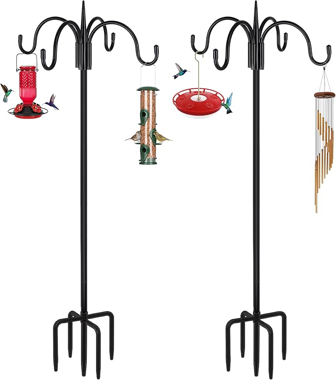 FEED GARDEN 76 Inch Four Shepherd Hooks for Outdoor,Bird Feeder Pole with 5 Prong Base, Adjustable Shepard Hooks for Hanging Plant, Solar Lanterns, Wind Chimes, 2 Pack FEEDGARDEN