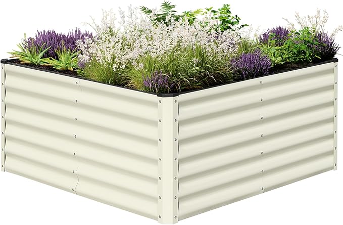 SnugNiture Galvanized Raised Garden Bed 4x4x2FT Outdoor Large Metal Planter Box Steel Kit for Planting Vegetables, Flowers, Beige White snugniture