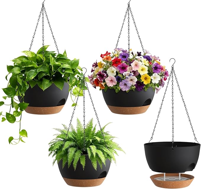 4 Pack 8 Inch Self Watering Hanging Planters for Indoor Outdoor Plants，Hanging Pots for Plants with Drainage Removable Tray, Hanging Baskets Flower Pots for Pothos Spider Garden Black with Brown UOUZ