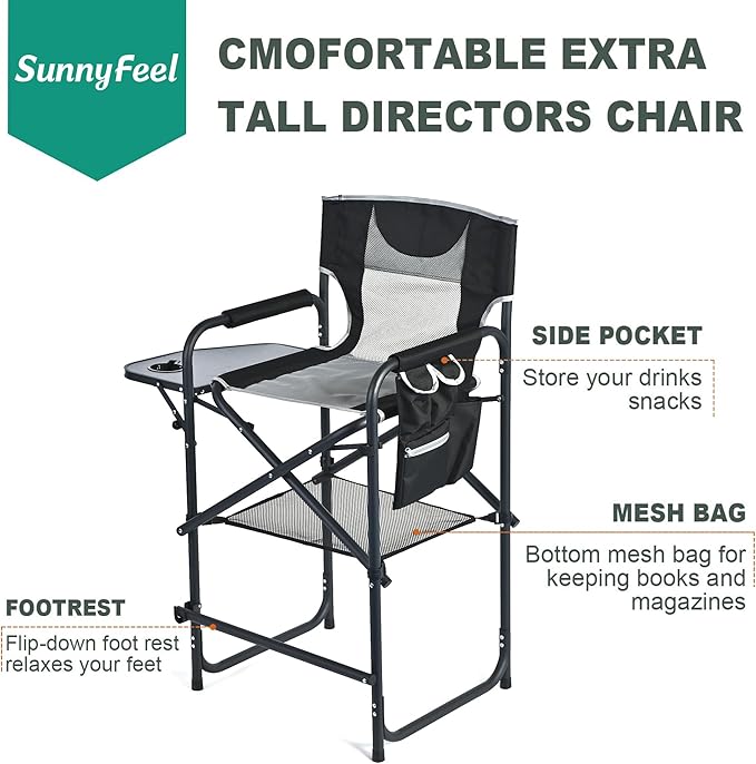 SUNNYFEEL Tall Camping Directors Chair, Portable Folding Artist Makeup Chair with Side Table, Pocket, Footrest, Heavy Duty for Beach,Trip,Picnic,Concert Outdoor Foldable Camp Lawn Chairs SunnyFeelCamping