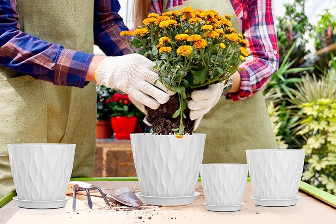 4/4.5/5/5.5/6/6.5/7 Inch Plant Pots,7 Pack Flower Pots with Drainage Holes and Trays,Plastic Planters for Indoor Outdoor Plants Growth,White SQKH