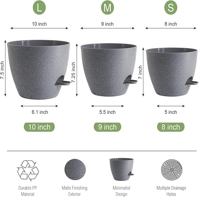 10/9/8 inch Self Watering Pots, Set of 3 Plastic Planters with Mesh Drainage Holes and Deep Reservoir for Indoor Outdoor Garden Plants and Flowers, Grey Speckles UOUZ