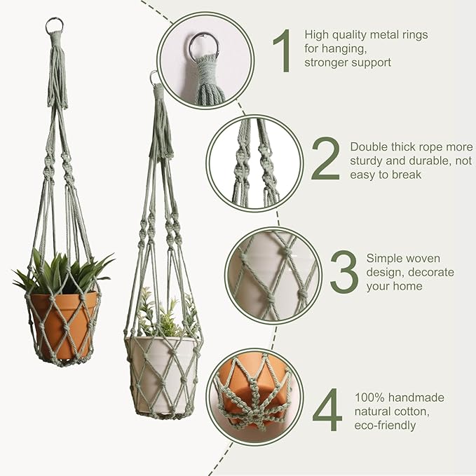 Artilady Macrame Hanging Planter for Indoor Plants, Boho Woven Plant Hanger Large Hanging Flower Pot Holders Outdoor Baskets Storage No Tassels Sage Green Wall Decor (Sage Green-2pcs) Artilady