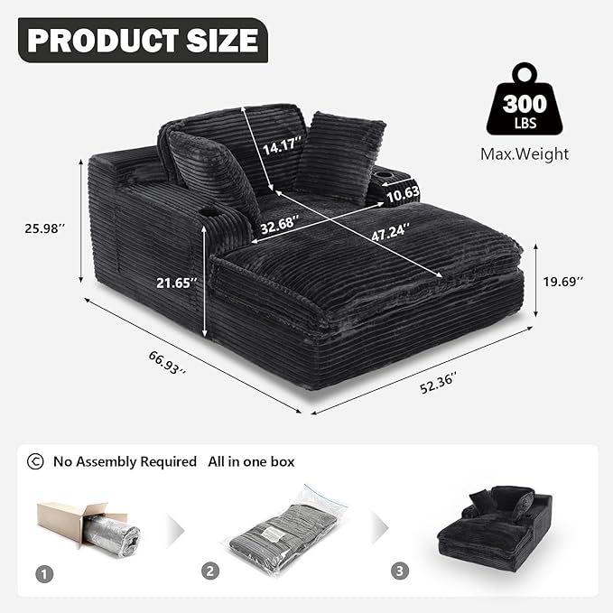 67" Oversized Chaise Lounge Chair Indoor, Soft Boneless Cloud Couch with 3 Pillows, 4 Side Pockets and 2 Cup Holders, Comfy Corduroy Sleeper Couch for Living Room Bedroom Rootora