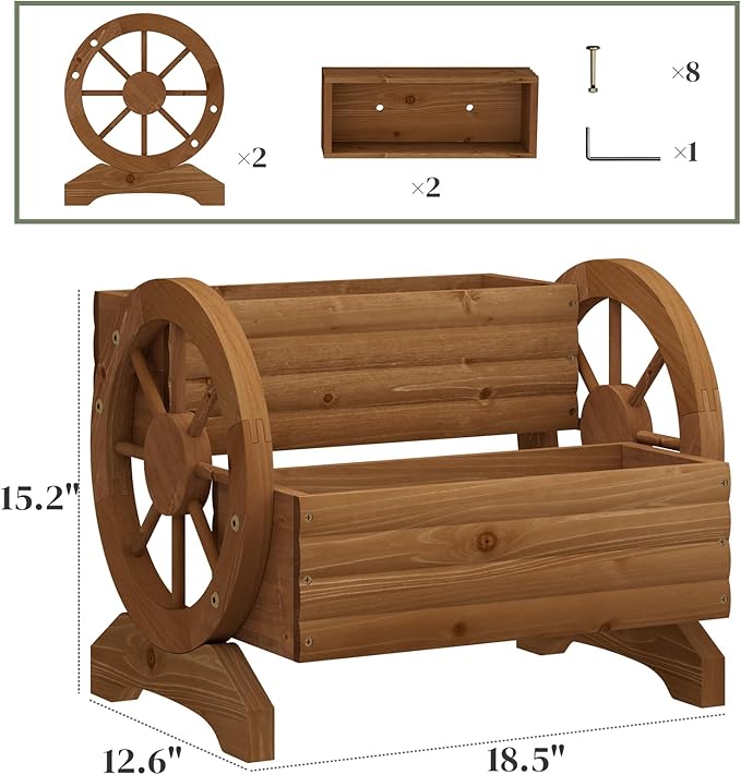 Wooden Wagon Planter Flower Cart with Wheels Garden Box Garden Planter, Decorative Planter for Flowers Herbs Vegetables for Indoor & Outdoor Décor Flower Cart for Patio Garden Balcony (Brown) PULIJIAJU