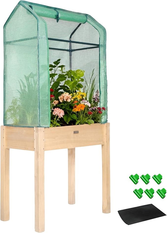 Raised Garden Bed with Greenhouse Cover,Elevated Wood Planter Box with Legs & Non-Woven Liner,34" L x18 W x 66" H Indoor Outdoor Gardening Bed for Vegetables, Herbs, Flowers ZSYWODFO