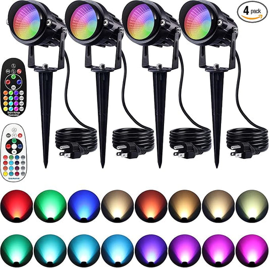 SUNVIE Spot Lights Outdoor 12W RGBW Color Changing Landscape Lights with Remote Control 120V RGB Landscape Lighting Waterproof Outdoor Spotlights for Yard Garden Patio Lawn Decorative, 4 Pack SUNVIE
