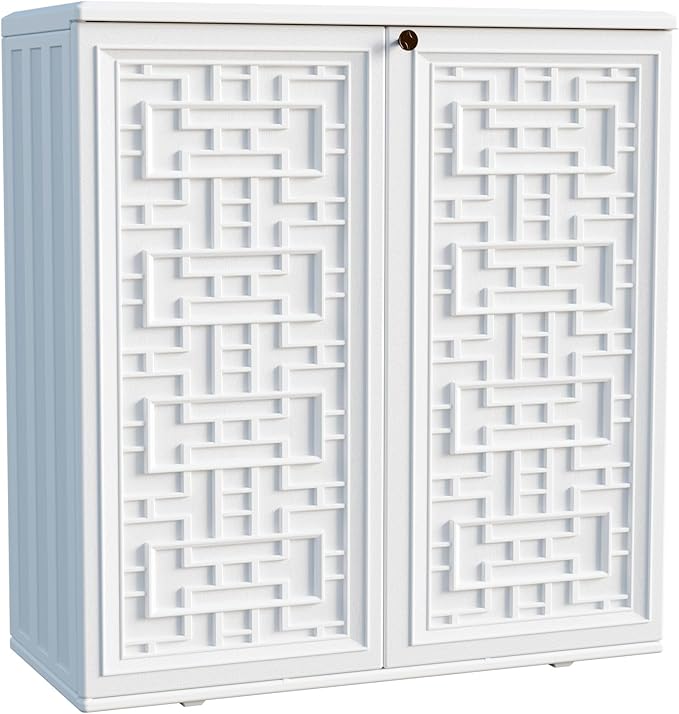 Indoor Outdoor Storage Cabinet Waterproof with Shelf, Off White Plastic Outdoor Cabinets for Patio/Garden/Backyard, Size 34.3''L*15''W*36.2''H Mrosaa