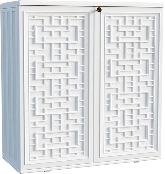 Indoor Outdoor Storage Cabinet Waterproof with Shelf, Off White Plastic Outdoor Cabinets for Patio/Garden/Backyard, Size 34.3''L*15''W*36.2''H Mrosaa