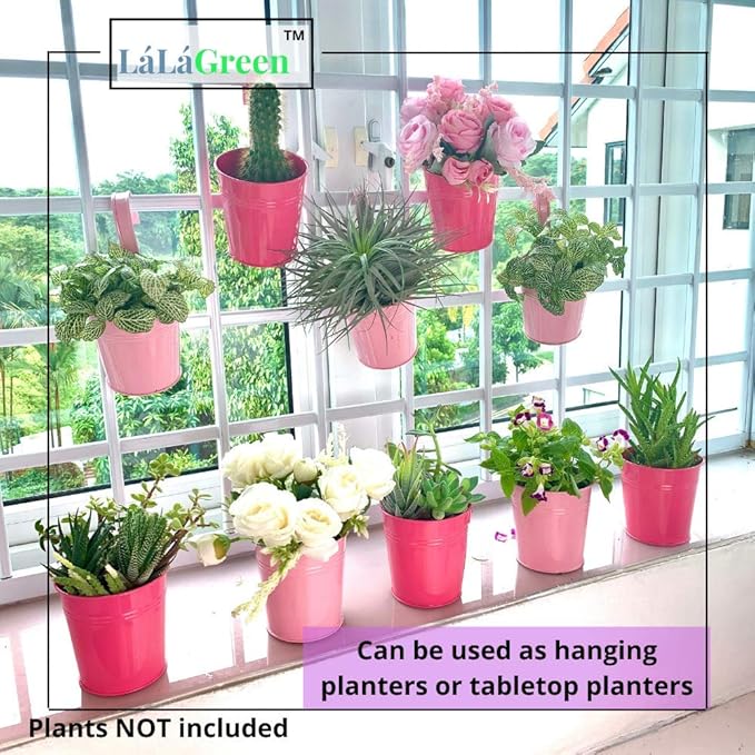 LaLaGreen Railing Planters Outdoor -10 Pack, 4 Inch Metal Hanging Flower Bucket, Small Pink Plant Pot Succulent Indoor Patio Fence Planter Box Balcony Garden Wall Decor Rail Deck Macetas Decorativas L%C3%A1L%C3%A1Green