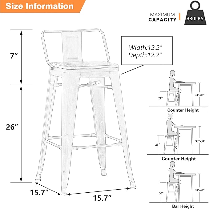 Yongchuang 26" Metal Bar Stools Set of 4 Counter Height Barstools with Wood Top Low Back Matte Black YongchuangInternational