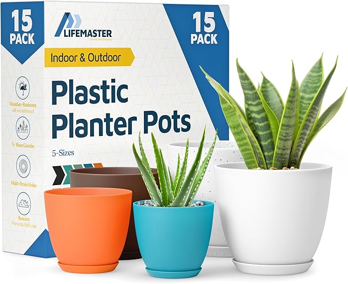 Multicolor Plant Pots with Drainage Holes & Saucers 15 Pack, Indoor & Outdoor Stackable Space-Saving Planters for Houseplants & Flowers, (7", 6.7", 6", 5.3", and 4.8" Inches), Durable & Weatherproof LIFEMASTER