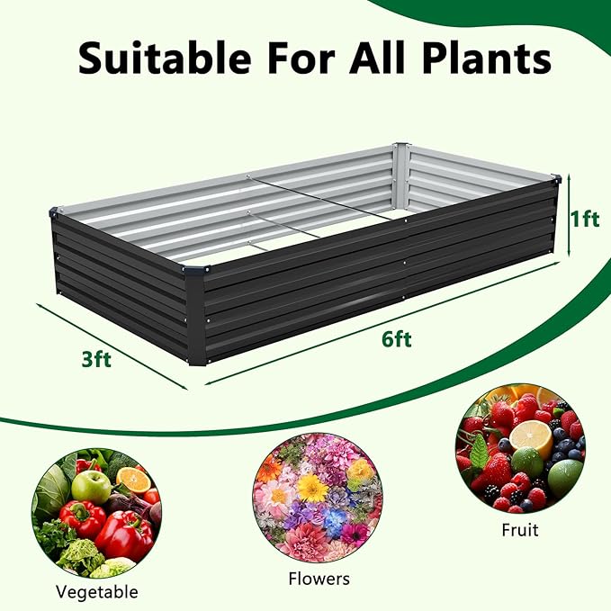 2 Pack 6x3x1FT Galvanized Raised Garden Beds Kit Outdoor Metal Gardening Planter Box for Vegetable Elevated Flower Herbs,Black Meberam