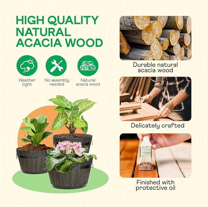 Idzo Set of 3 Wooden Flower Planters for Outdoor Plants, Acacia Wood Barrel Planters, Ergonomic Handles, Drainage Holes, Various Sizes, Black Idzo