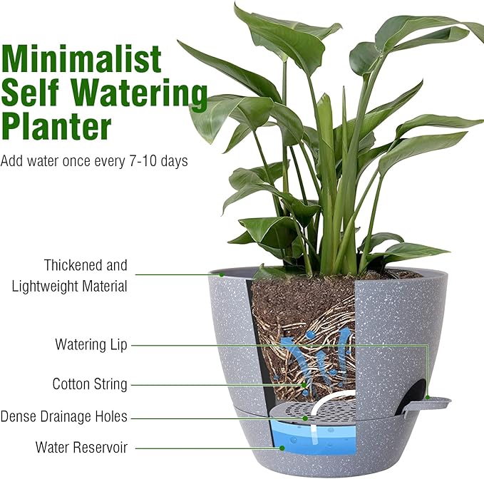 12 inch Large Self Watering Pots, Planter, Plant Pots with Mesh Drainage Holes for Indoor Outdoor House Plants and Garden, Plastic Flower Pots with Deep Reservoir, Speckled Grey WSMKSZ