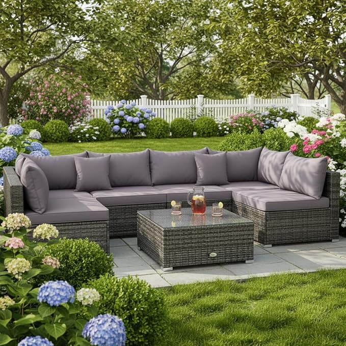 Tangkula 7 Pieces Wicker Patio Furniture Set, All-Weather Outdoor Rattan Sectional Sofa Set with Cushions & Tempered Glass Coffee Table, Outside Sofa Set for Garden, Lawn, Deck, Backyard (Grey) TANGKULA