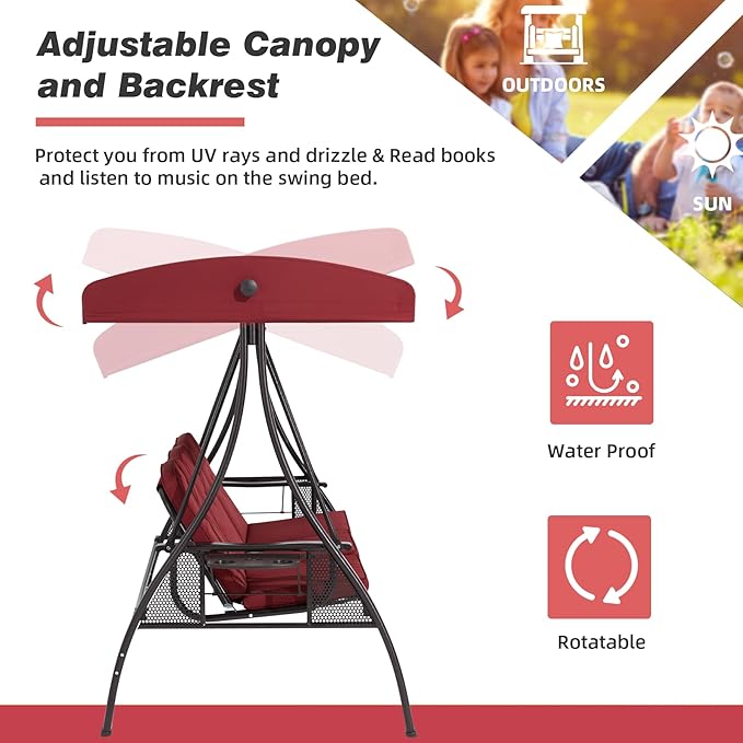 HOMREST 3 Seat Outdoor Porch Swing with 1.5" Deepened Cup Holder, Adjustable Canopy, Patio Swing Bed with Stand, Patio Glider Swing with Thicken Cushions, Pillow for Yard, Garden(Wine Red) HOMREST