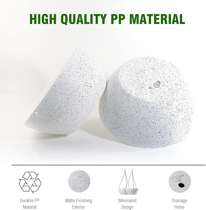 WOUSIWER 13 inch 2Pack Large Hanging Planters for Outdoor Indoor Plants with Drainage Holes and Chain, Round Hanging Flower Pots for Garden Home Porch Decor, White Speckles WOUSIWER